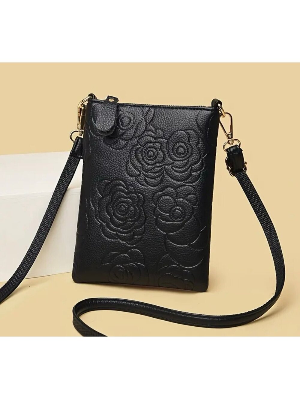 New - Elegant - Faux Leather - 3D Rose Embossing Crossbody Bag - Black